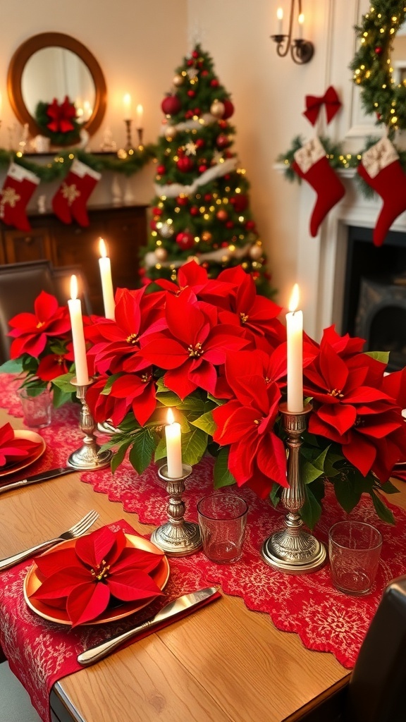 Poinsettia Christmas Table Decorations Christmas table with poinsettias, candles, and festive decor.
